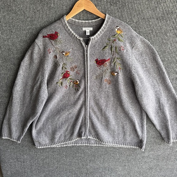 Craft & Barrow Sweaters - Craft & Barrow Womens Cardigan 1X Heather Gray Embroidered Cardinal Winter Birds